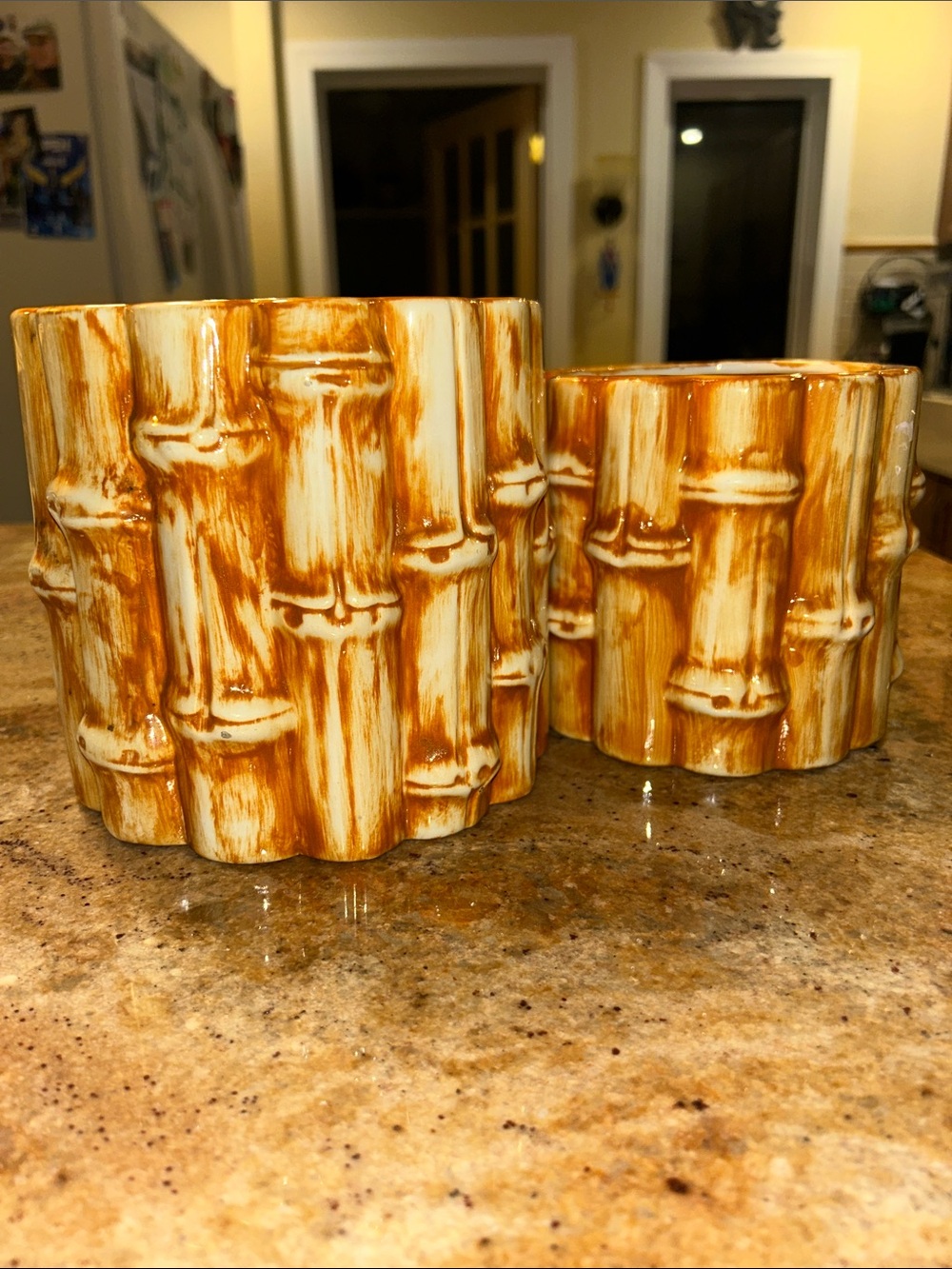 Ceramic Bamboo-Textured Planter Set - Amber Brown